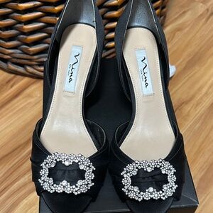 Nina Black Satin Women's Shoes with Rhinestone Buckle size 7.5